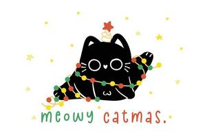 mignonne Noël noir chat orné avec lumières, humour salutation carte, marrant et espiègle dessin animé illustration. vecteur