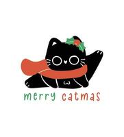 mignonne Noël noir chat, joyeux Noël, humour salutation carte, marrant et espiègle dessin animé illustration. vecteur