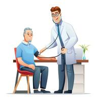 médecin mesure du sang pression à personnes âgées patient dans clinique. médical examen et soins de santé concept. vecteur dessin animé personnage illustration