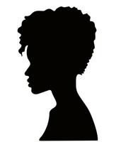 noir gracieux silhouette de le tête de un africain femme dans profil. côté vue de noir femme avec frisé coiffure vecteur
