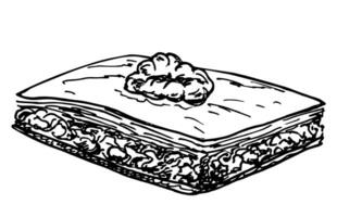 turc desserts écrou Baklava. Oriental sucré dessert, rétro illustration. traditionnel turc en couches Pâtisserie, bonbons encre dessin isolé sur blanche. vecteur main tiré illustrations.