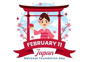 content Japon nationale fondation journée vecteur illustration sur février 11 avec célèbre Japonais Repères et drapeau dans plat des gamins dessin animé Contexte