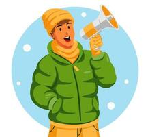 illustration de une fille dans hiver vêtements en portant une mégaphone vecteur