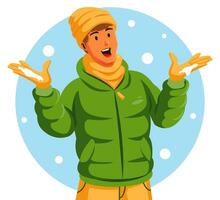 illustration de une homme portant une hiver veste et écharpe avec flocons de neige vecteur