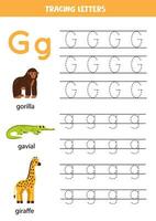 tracé alphabet des lettres pour enfants. animal alphabet. lettre g est pour gorille gavial et girafe. vecteur