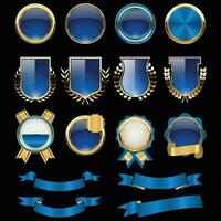 luxe d'or bleu badges et Étiquettes. rétro ancien cercle badge conception vecteur