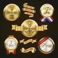 sept ans anniversaire logo avec d'or ruban. ensemble de ancien anniversaire badges fête vecteur