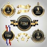 1 ans anniversaire logo avec d'or ruban. ensemble de ancien anniversaire badges fête vecteur