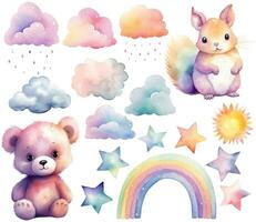 aquarelle bébé ours, écureuil. ensemble de vecteur main tiré garderie éléments, des nuages, arc-en-ciel, étoiles, mur autocollants. pastel couleurs
