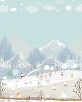 hiver Contexte,Noël,nouveau année carte avec nounours ours célébrer sur vacances saison, vecteur dessin animé panorama hiver pays des merveilles dans village content famille ours sur vacances ski dans Extérieur parc