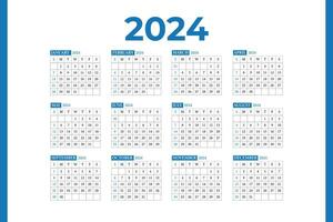 calendrier conception pour 2024 année, mensuel calendrier modèle, calendrier 2024 modèle vecteur, calendrier 2024 la semaine début dimanche, planificateur pour 2024 an. vecteur