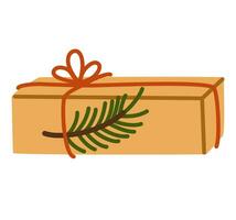 cadeau boîte dans éco papier emballage avec ficelle et vert feuille branche. vacances Noël présent décoré avec feuilles. moderne paquet avec ficelle, rustique style. plat vecteur illustration isolé