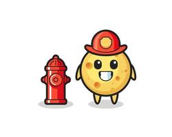personnage mascotte de fromage rond en pompier vecteur