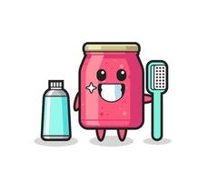 mascotte illustration de confiture de fraises avec une brosse à dents vecteur