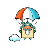 La caricature de la mascotte de la maison fait du parachutisme avec un geste heureux vecteur