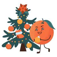 un joli personnage de mandarine décore le sapin de noël. vecteur