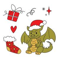 joyeux Noël et content Nouveau année ensemble. dragon, dessin animé style. autocollant pack vecteur