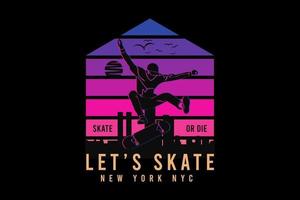 patinons à new york new york city, t design silhouette style rétro vecteur