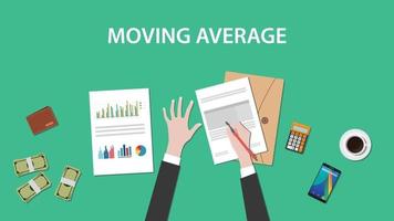 illustration d'un homme écrivant une analyse pour une moyenne mobile sur de la paperasse vecteur