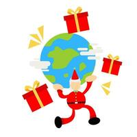 Noël rouge Père Noël ascenseur monde Terre globe cadeau boîte dessin animé griffonnage plat conception style vecteur illustration