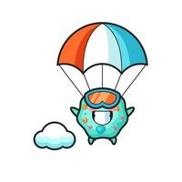 La bande dessinée de mascotte d'amibe saute en parachute avec un geste heureux vecteur