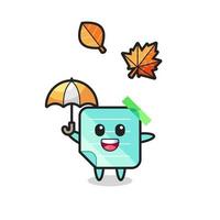 dessin animé des notes collantes bleues mignonnes tenant un parapluie en automne vecteur