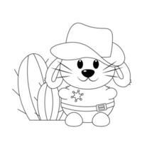 dessin animé mignonne lapin cow-boy shérif avec cactus dans noir et blanc vecteur