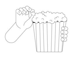 en mangeant pop corn dessin animé Humain main contour illustration. en portant seau avec pop corn 2d isolé noir et blanc vecteur image. en mangeant collations à film théâtre plat monochromatique dessin agrafe art