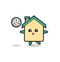 dessin animé de caractère de la maison joue au volley-ball vecteur