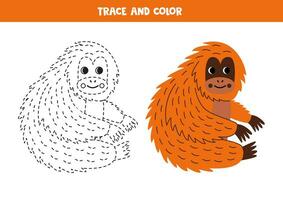 trace et Couleur dessin animé rouge orang-outan. feuille de travail pour les enfants. vecteur