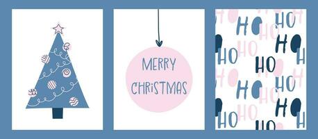 joyeux Noël ensemble salutation cartes, vacances couvertures, sans couture modèle. moderne Noël conception avec Triangle sapin modèle dans bleu et rose couleurs dans naïve style. Noël arbre, balle, Ho ho ho modèle vecteur