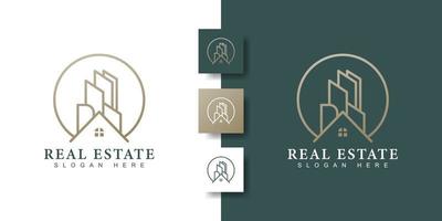 modèle de logo immobilier avec concept créatif d'art en ligne dorée vecteur