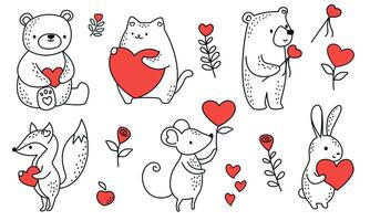 la Saint-Valentin journée vecteur ensemble. mignonne animaux dans griffonnage style en portant cœurs, ours, souris, Renard, chat, lièvre. différent fleurs et cœurs. linéaire noir et blanc enfants illustration