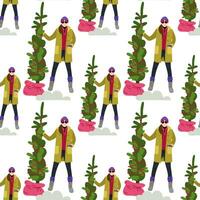 une modèle avec une fille dans une manteau et bottes en portant une Noël arbre sur une blanc Contexte avec un main. points pour 2024. de fête moderne ornement pour le Nouveau année vacances. vecteur texture