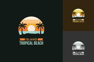 tropical plage logo à le coucher du soleil avec deux paume des arbres près le littoral de une tropical île vecteur