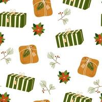 Noël cadeaux des boites sans couture modèle. vacances présent décoré avec baie bifurquer, étiqueter, enveloppé dans éco recyclé artisanat. vecteur conception pour hiver vente arrière-plan, emballage papier, cartes, textile