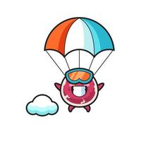 caricature de mascotte de boeuf saute en parachute avec un geste heureux vecteur