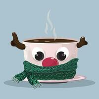 Noël rose agresser avec cornu renne et chaud thé avec tricoté vert écharpe et fumer. vecteur