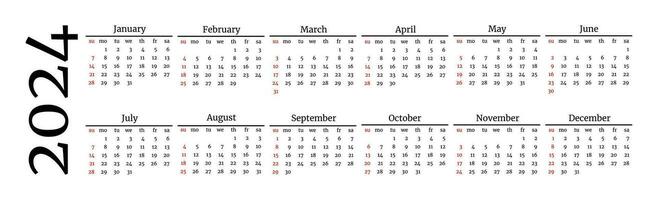 horizontal calendrier pour 2024 isolé sur une blanc Contexte. dimanche à lundi, affaires modèle. vecteur illustration