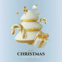 Noël et Nouveau année salutation carte ou carré bannière conception avec 3d blanc et d'or hiver vacances décorations sur bleu Contexte. Trois dimensionnel vecteur modèle.