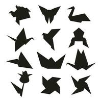 origami plié papier formes oiseau, grue, grenouille, papillon, boîte, tulipe. plat illustration ensemble collection. noir silhouette icône vecteur