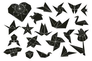 origami plié papier formes oiseau, grue, grenouille, papillon, boîte, tulipe. plat illustration ensemble collection. noir silhouette icône vecteur