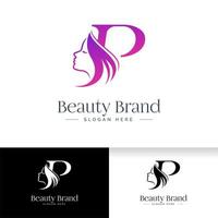 création de logo de beauté lettre p. silhouette de visage de femme