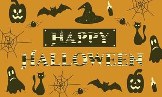 bannière d'halloween heureux avec chauve-souris, web, citrouille, chat vecteur