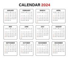 moderne et Facile vecteur 2024 calendrier. minimal 2024 calendrier modèle. la semaine départs dimanche entreprise conception planificateur modèle.