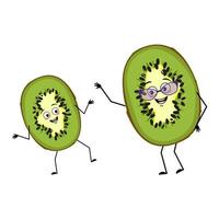 personnages kiwi mignons avec des émotions heureuses et un visage souriant. grand-mère drôle avec des lunettes et petit-fils dansant avec bras et jambes. le héros joyeux, fruit drôle exotique tropical sucré, nourriture sucrée chanceuse vecteur