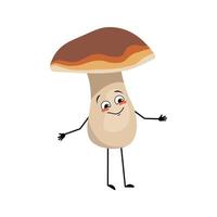 personnage de champignon mignon avec des émotions joyeuses, un visage souriant, des yeux, des bras et des jambes heureux. une drôle de nourriture saine et saine, plante forestière vecteur
