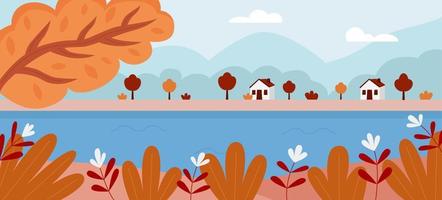 paysage d'automne avec rivière, montagnes et maisons vecteur