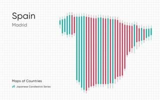 Espagne carte est montré dans une graphique avec bars et lignes. Japonais chandelier graphique séries vecteur