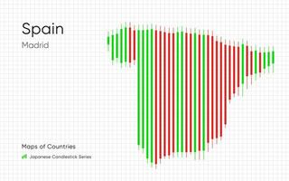 Espagne carte est montré dans une graphique avec bars et lignes. Japonais chandelier graphique séries vecteur